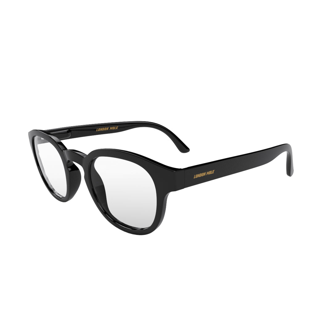 Open skew - Monalux Blue Blocker Glasses in gloss black featuring a the classic Oxford, rounded frame and the ability to protect your eyes from artificial blue light. Ideal for fashion accessories, screen time, office work, gaming, scrolling on a mobile, and watching TV. 