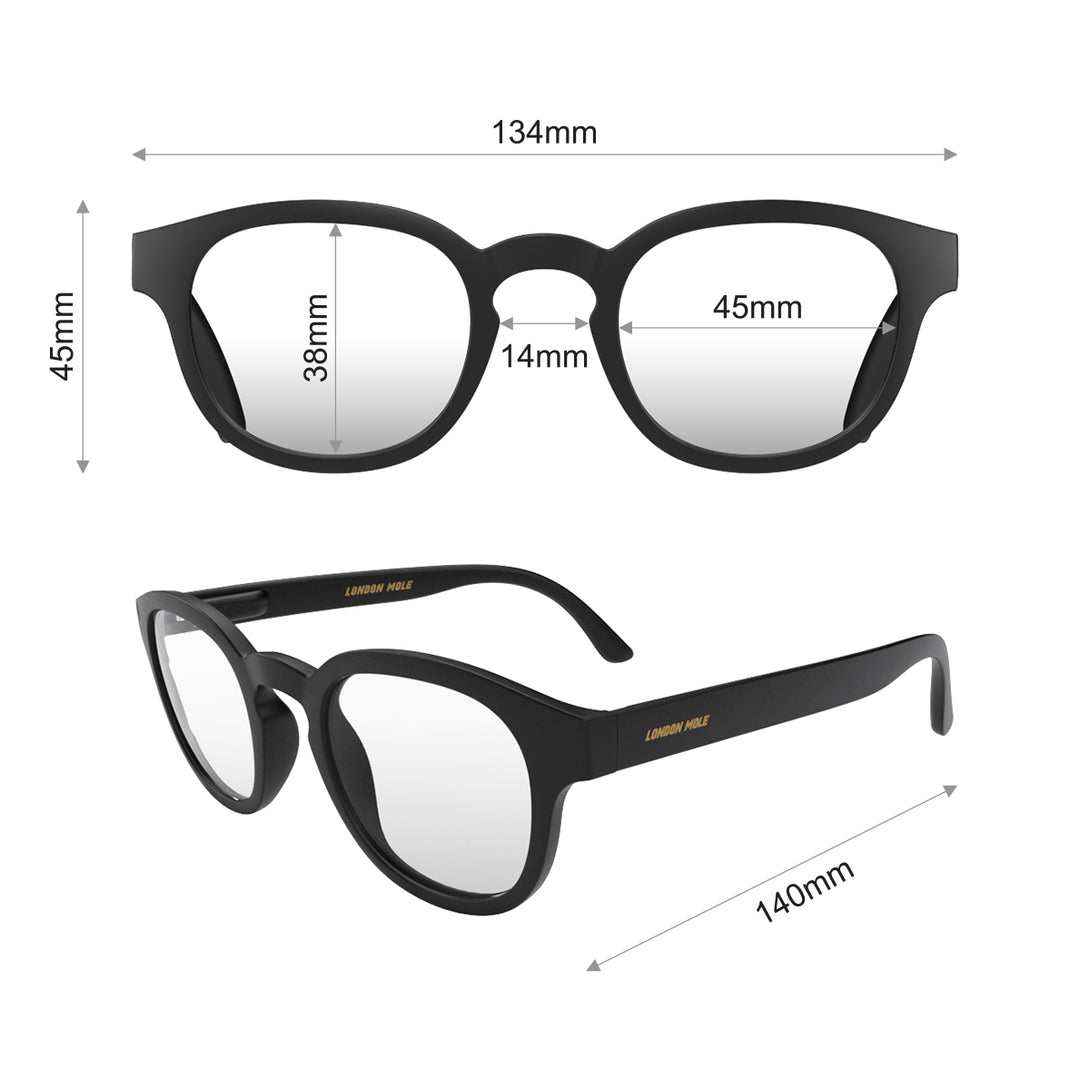Dimensions - Monalux Blue Blocker Glasses in gloss black featuring a the classic Oxford, rounded frame and the ability to protect your eyes from artificial blue light. Ideal for fashion accessories, screen time, office work, gaming, scrolling on a mobile, and watching TV. 