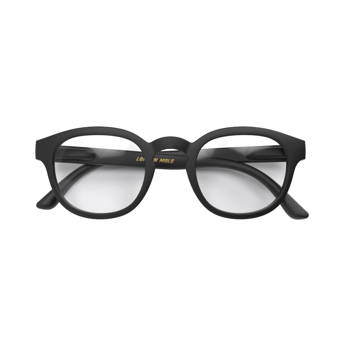 Front - Monalux Blue Blocker Glasses in matt black featuring a the classic Oxford, rounded frame and the ability to protect your eyes from artificial blue light. Ideal for fashion accessories, screen time, office work, gaming, scrolling on a mobile, and watching TV. 