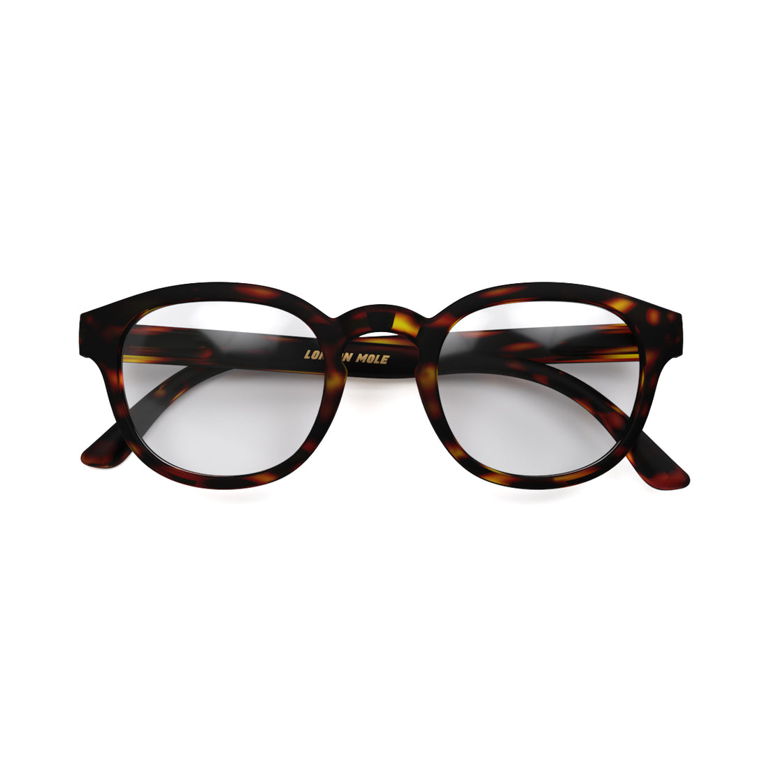 Front - Monalux Reading Glasses in matt tortoiseshell featuring a the classic Oxford, rounded frame and provide crystal clear vision. Available in a + 1, 1.5, 2, 2.5, 3 prescriptions.
