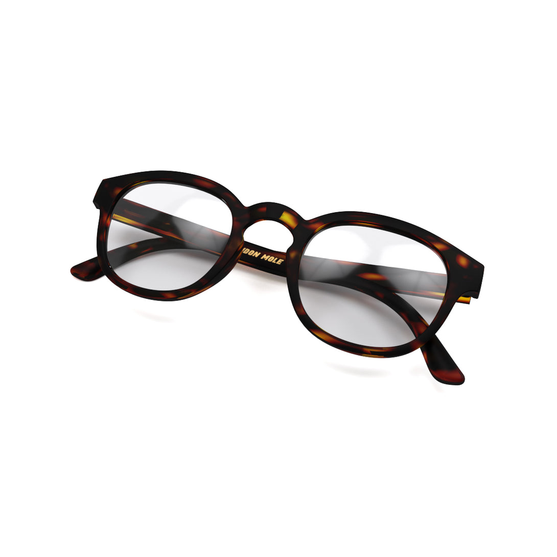 Folded skew - Monalux Reading Glasses in matt tortoiseshell featuring a the classic Oxford, rounded frame and provide crystal clear vision. Available in a + 1, 1.5, 2, 2.5, 3 prescriptions.