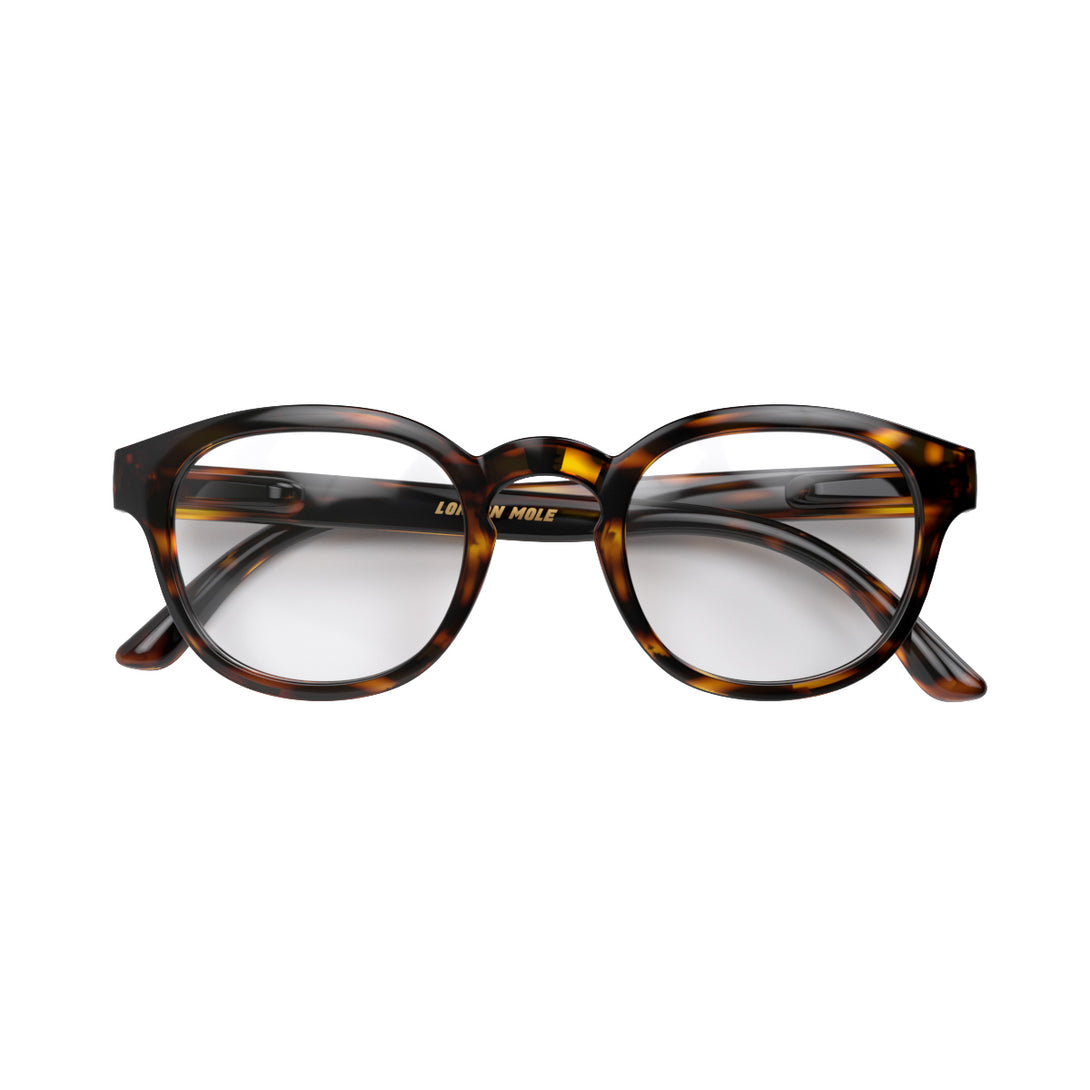 Front - Monalux Blue Blocker Glasses in gloss tortoiseshell featuring a the classic Oxford, rounded frame and the ability to protect your eyes from artificial blue light. Ideal for fashion accessories, screen time, office work, gaming, scrolling on a mobile, and watching TV. 