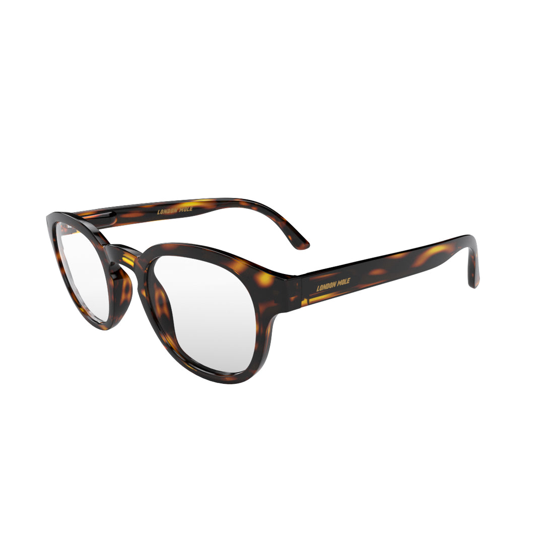 Open skew - Monalux Blue Blocker Glasses in gloss tortoiseshell featuring a the classic Oxford, rounded frame and the ability to protect your eyes from artificial blue light. Ideal for fashion accessories, screen time, office work, gaming, scrolling on a mobile, and watching TV. 