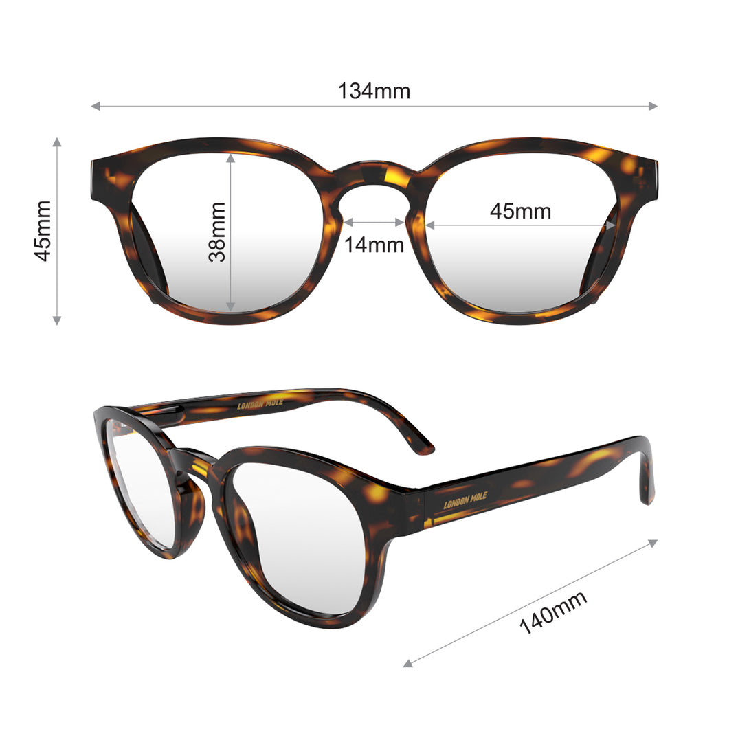 Dimensions - Monalux Blue Blocker Glasses in gloss tortoiseshell featuring a the classic Oxford, rounded frame and the ability to protect your eyes from artificial blue light. Ideal for fashion accessories, screen time, office work, gaming, scrolling on a mobile, and watching TV. 