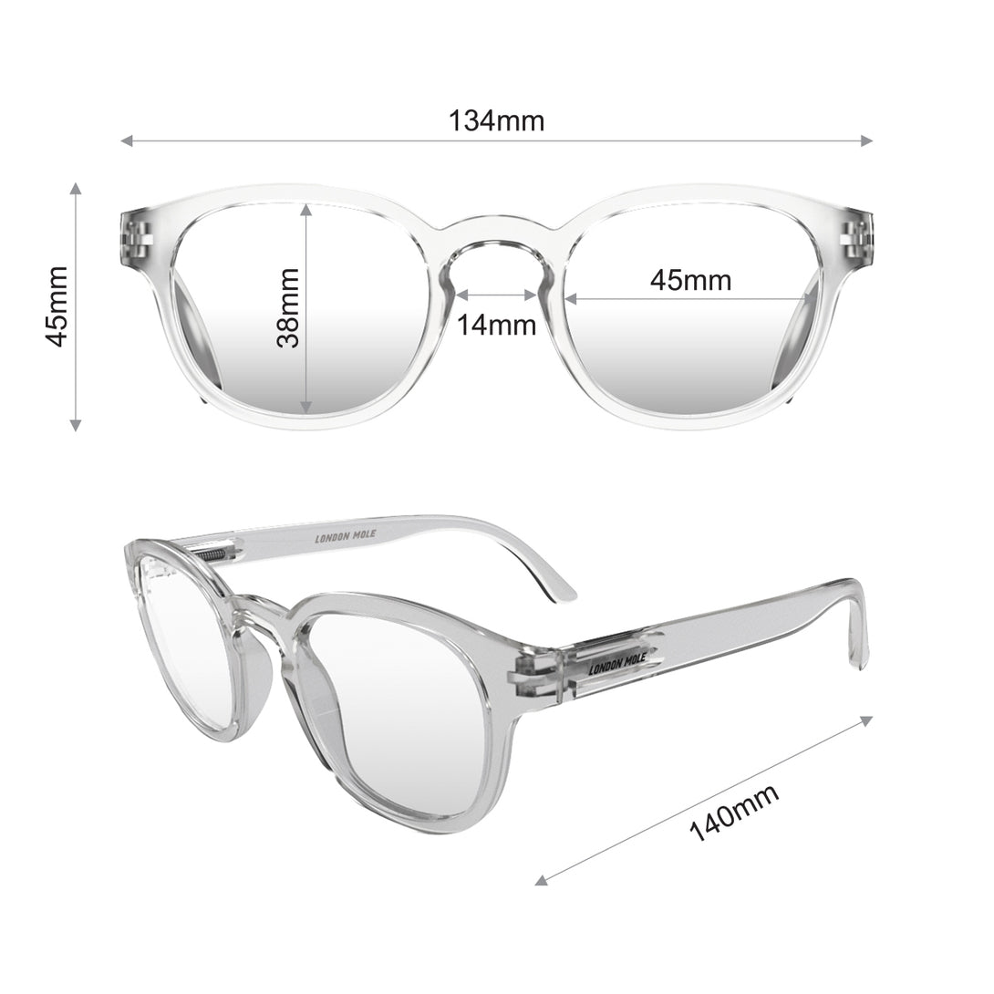 Dimensions - Monalux Reading Glasses featuring a the classic Oxford, rounded, transparent frame and provide crystal clear vision. Available in a + 1, 1.5, 2, 2.5, 3 prescriptions.