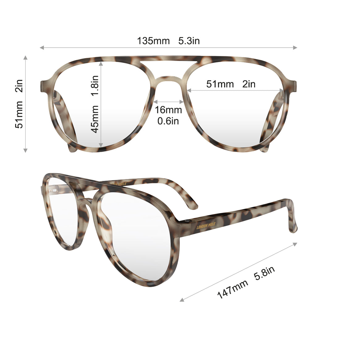 Dimensions - Pilot Reading Glasses in pale tortoiseshell featuring the staple aviator frame and provide crystal clear vision. Available in a + 1, 1.5, 2, 2.5, 3 prescriptions.