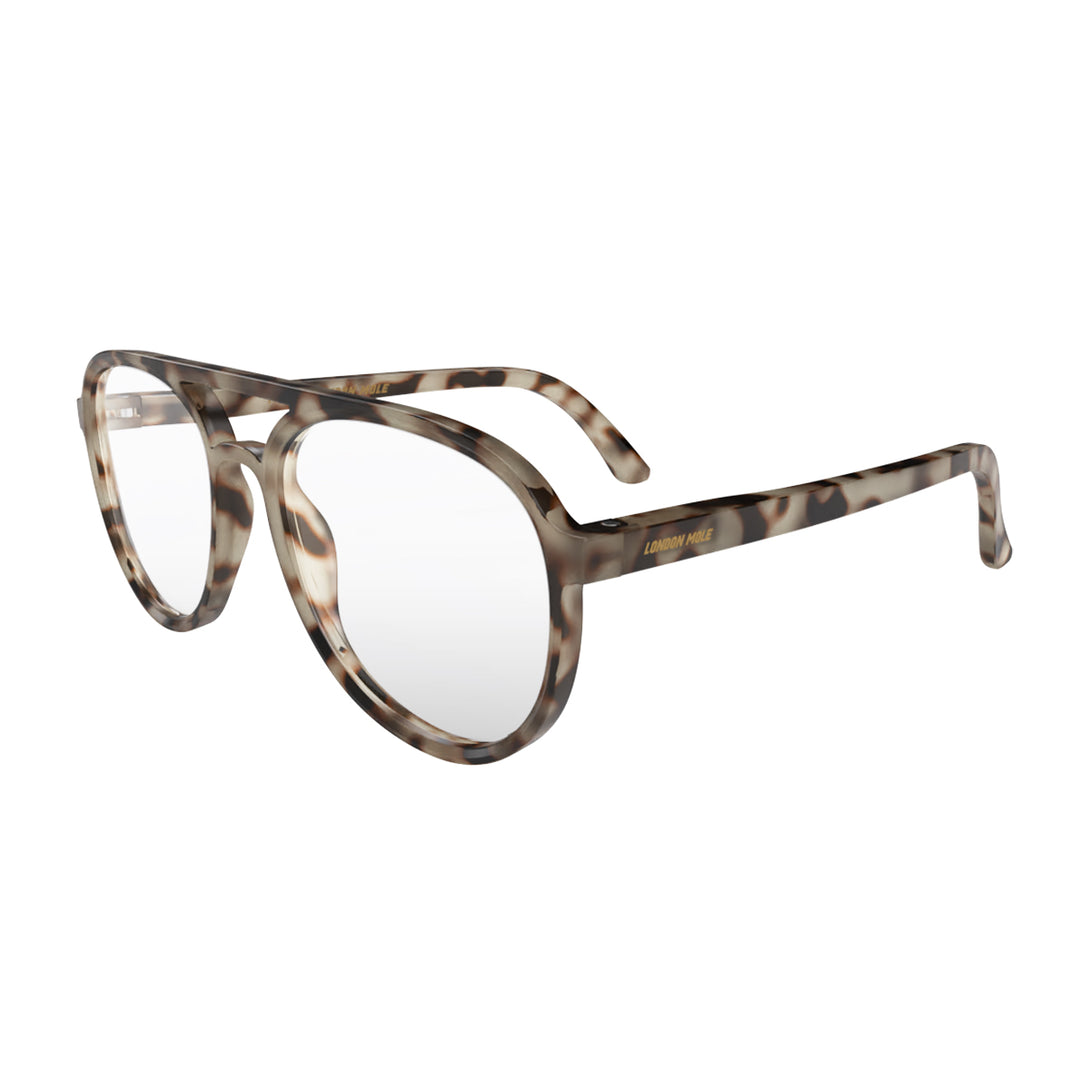 Open skew - Pilot Reading Glasses in pale tortoiseshell featuring the staple aviator frame and provide crystal clear vision. Available in a + 1, 1.5, 2, 2.5, 3 prescriptions.