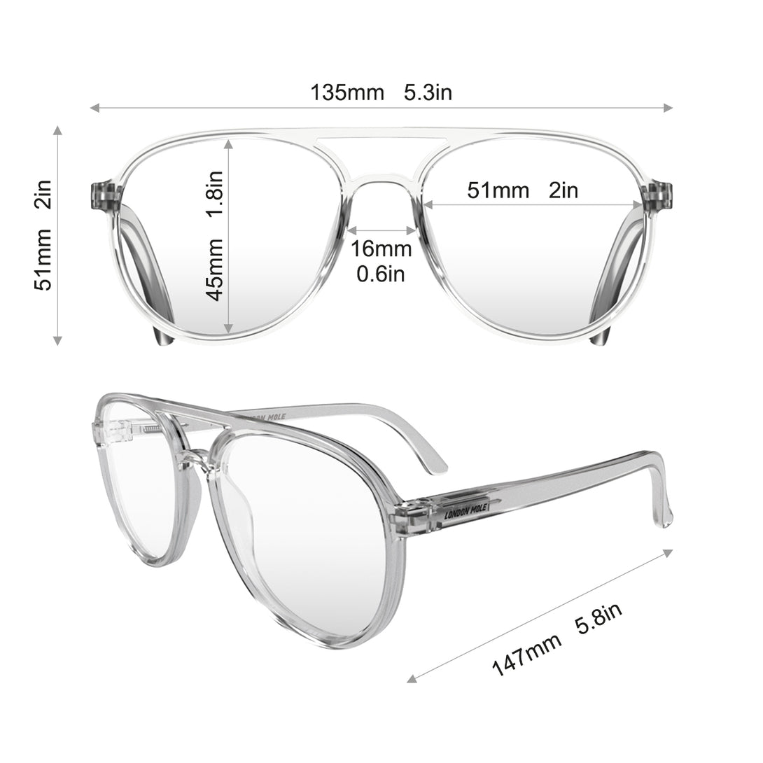 Dimensions - Pilot Reading Glasses in transparent featuring the staple aviator frame and provide crystal clear vision. Available in a + 1, 1.5, 2, 2.5, 3 prescriptions.