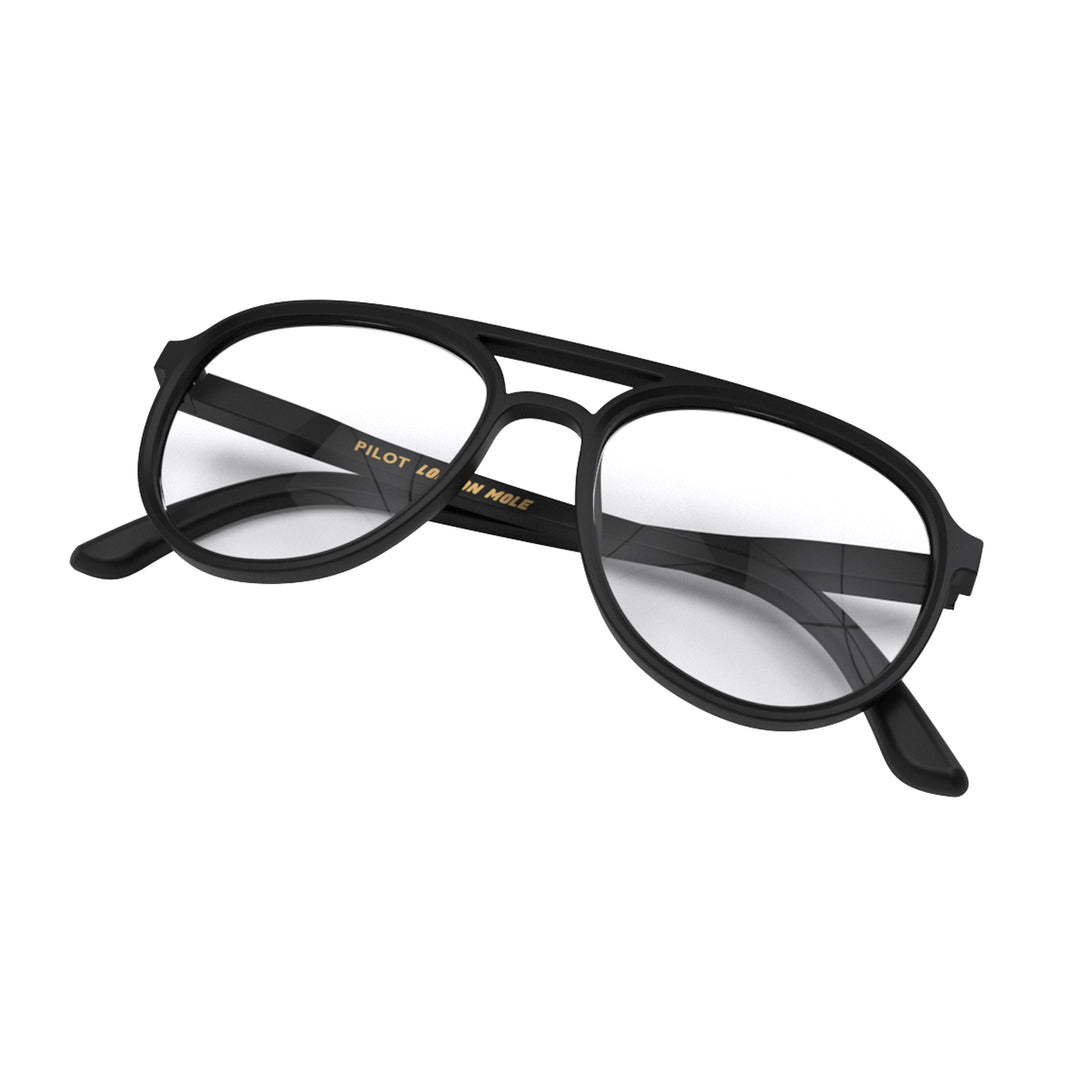 Folded skew - Pilot Reading Glasses in matt black featuring the staple aviator frame and provide crystal clear vision. Available in a + 1, 1.5, 2, 2.5, 3 prescriptions.