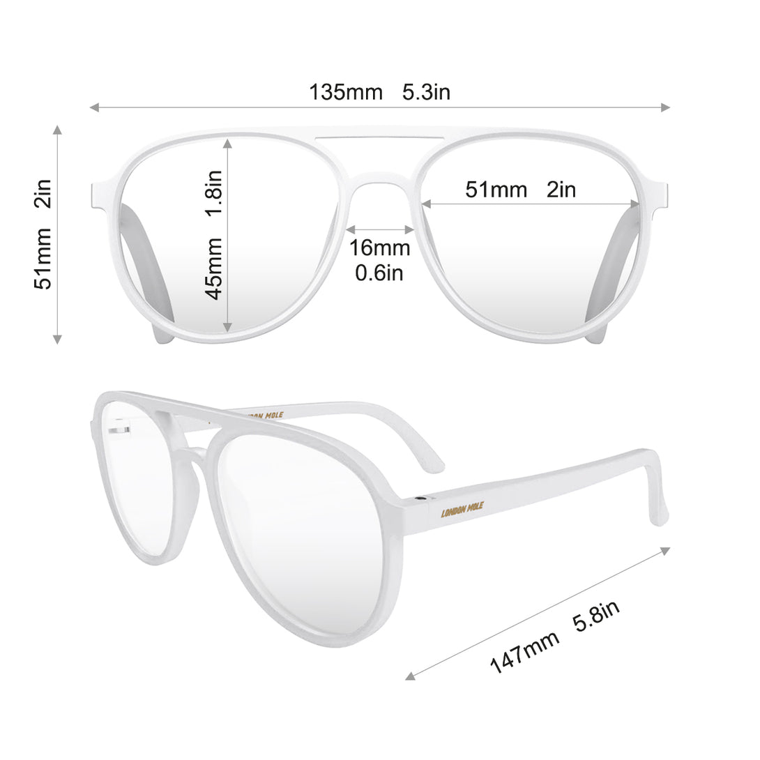 Dimensions - Pilot Reading Glasses in matt white featuring the staple aviator frame and provide crystal clear vision. Available in a + 1, 1.5, 2, 2.5, 3 prescriptions.