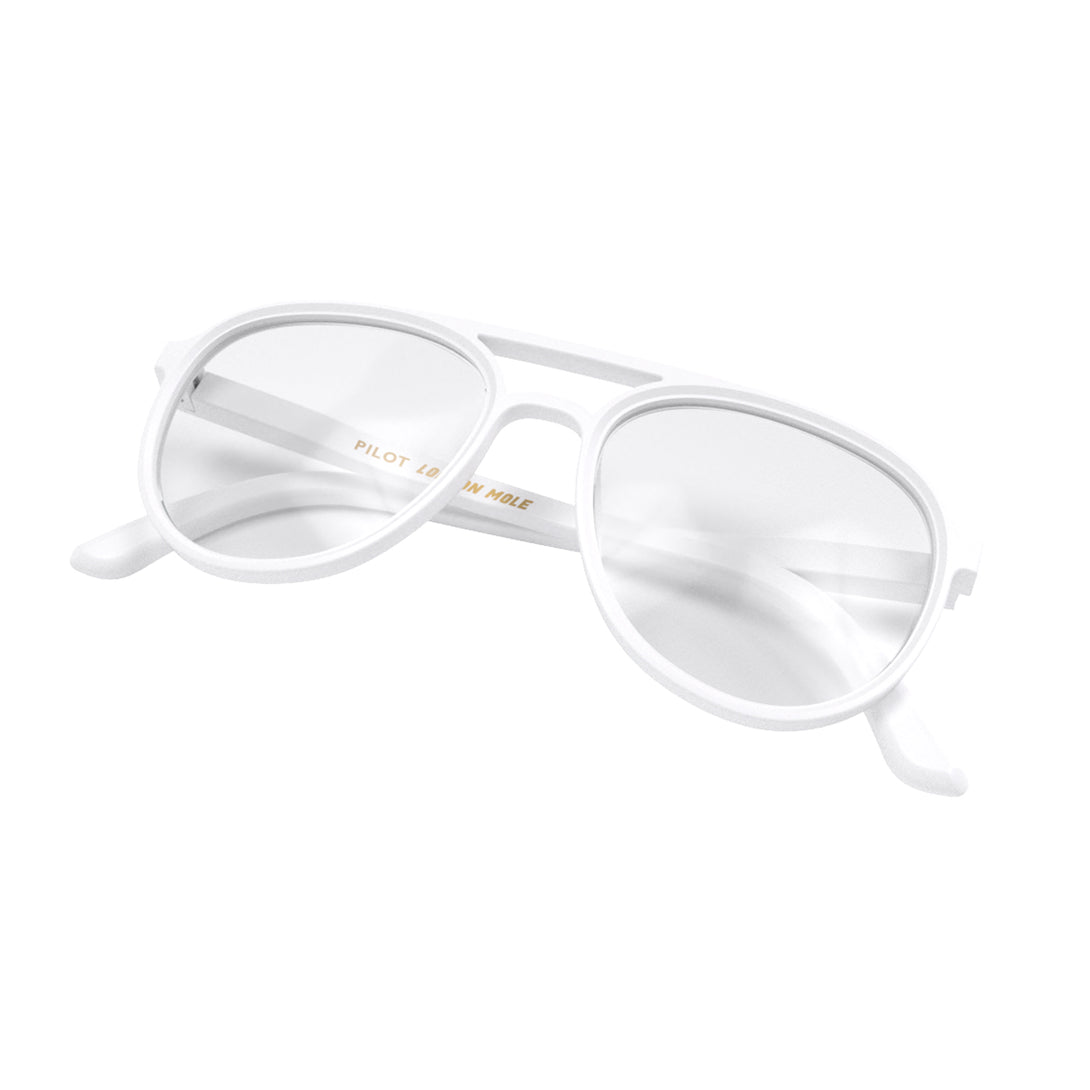 Folded skew - Pilot Reading Glasses in matt white featuring the staple aviator frame and provide crystal clear vision. Available in a + 1, 1.5, 2, 2.5, 3 prescriptions.