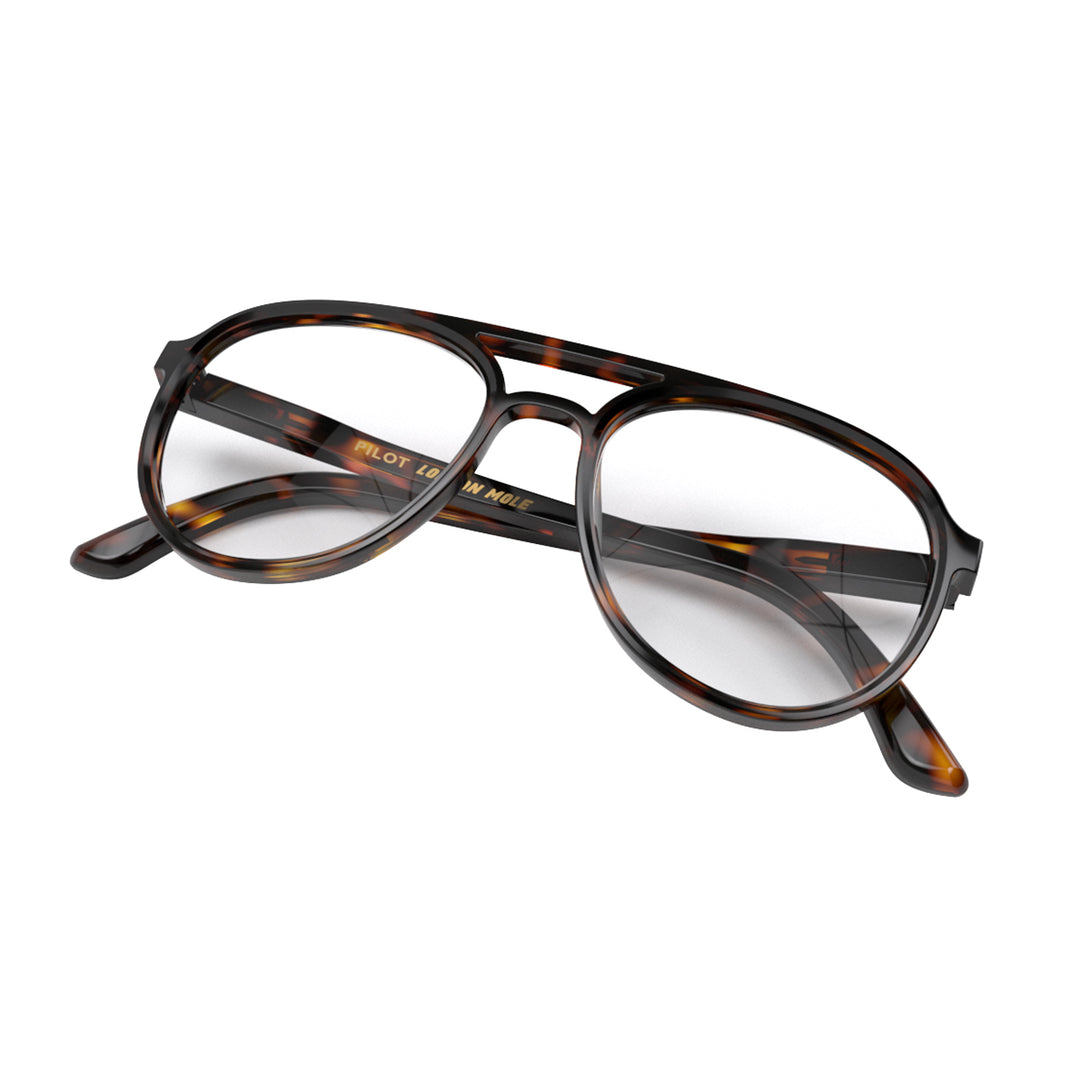 Folded skew - Pilot Reading Glasses in gloss tortoiseshell featuring the staple aviator frame and provide crystal clear vision. Available in a + 1, 1.5, 2, 2.5, 3 prescriptions.