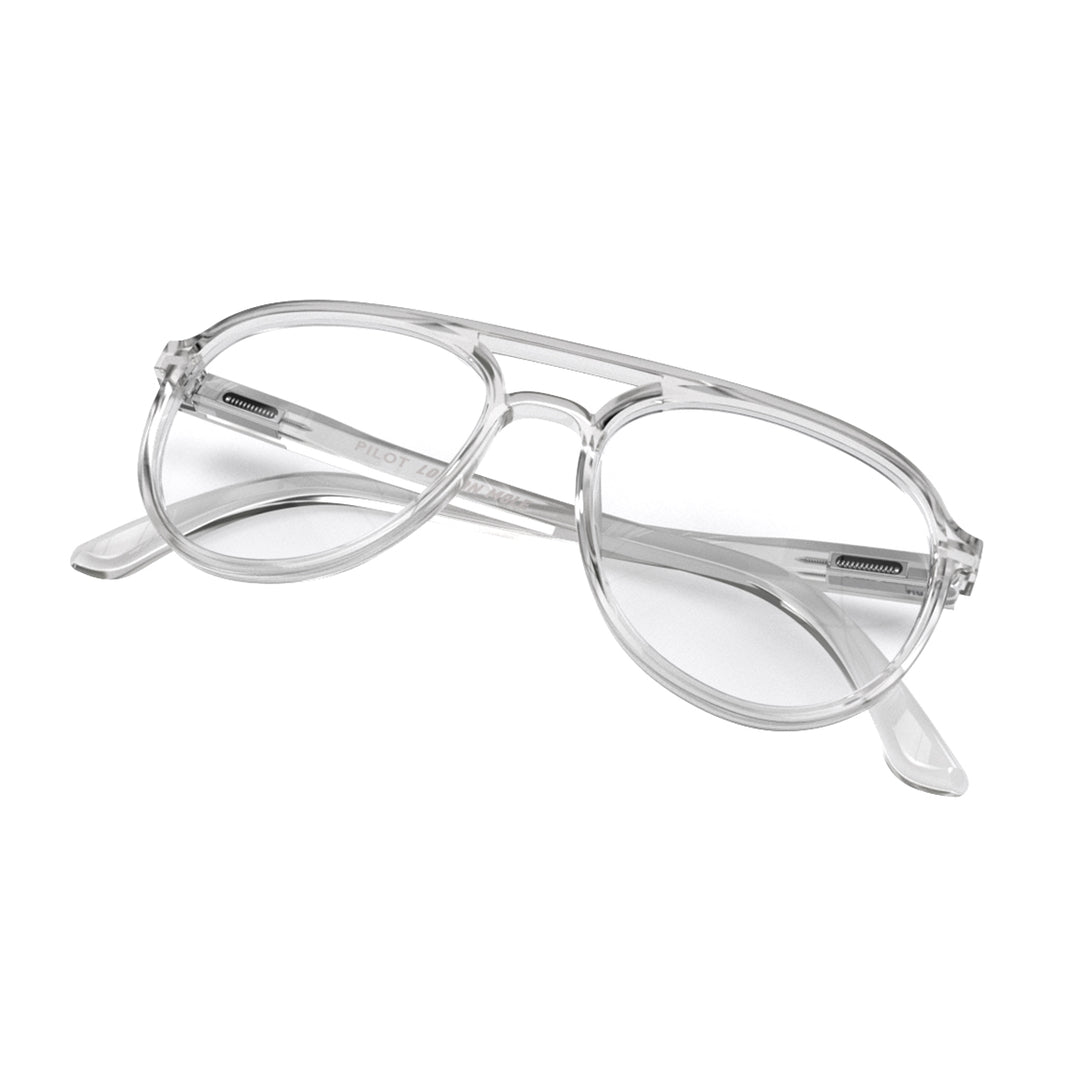Folded skew - Pilot Reading Glasses in transparent featuring the staple aviator frame and provide crystal clear vision. Available in a + 1, 1.5, 2, 2.5, 3 prescriptions.