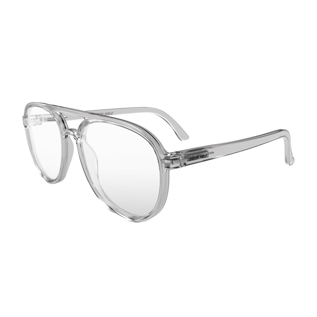 Open skew - Pilot Reading Glasses in transparent featuring the staple aviator frame and provide crystal clear vision. Available in a + 1, 1.5, 2, 2.5, 3 prescriptions.