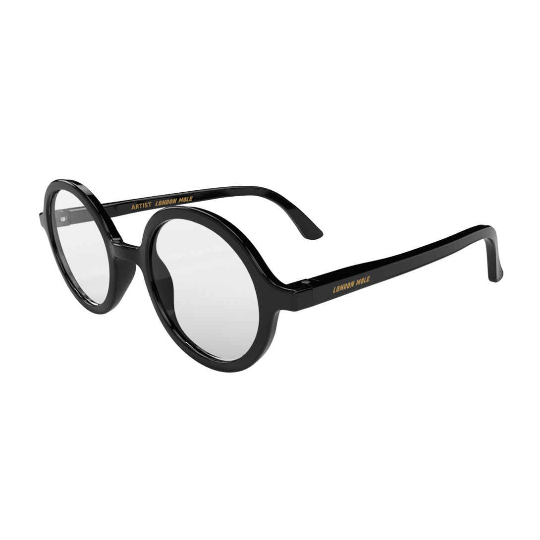 Skew - Artist Blue Blocker Glasses in gloss black featuring an oversized circular frame and the ability to protect your eyes from artificial blue light. Ideal for fashion accessories, screen time, office work, gaming, scrolling on a mobile, and watching TV.