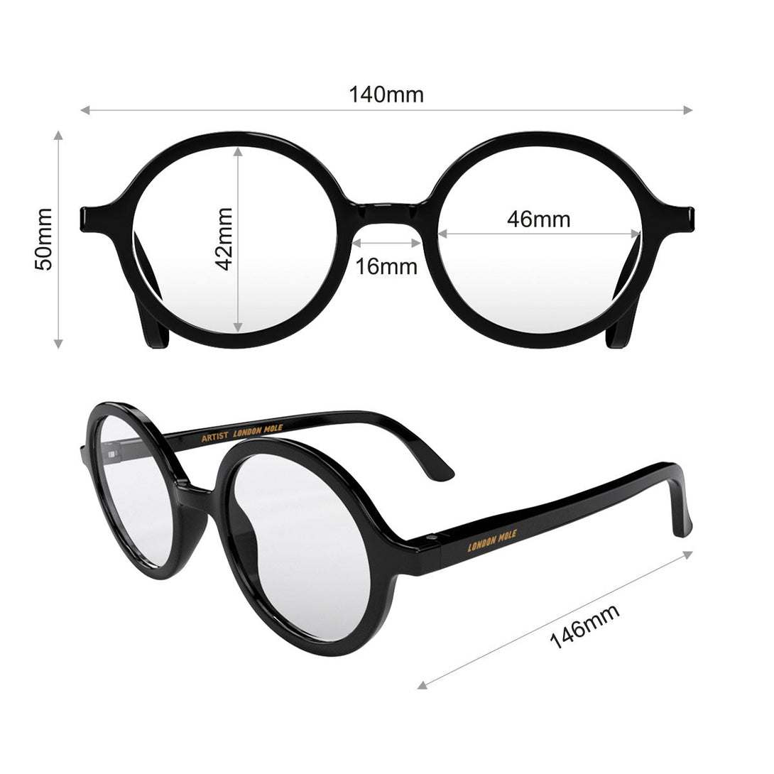 Dimensions - Artist Blue Blocker Glasses in gloss black featuring an oversized circular frame and the ability to protect your eyes from artificial blue light. Ideal for fashion accessories, screen time, office work, gaming, scrolling on a mobile, and watching TV.