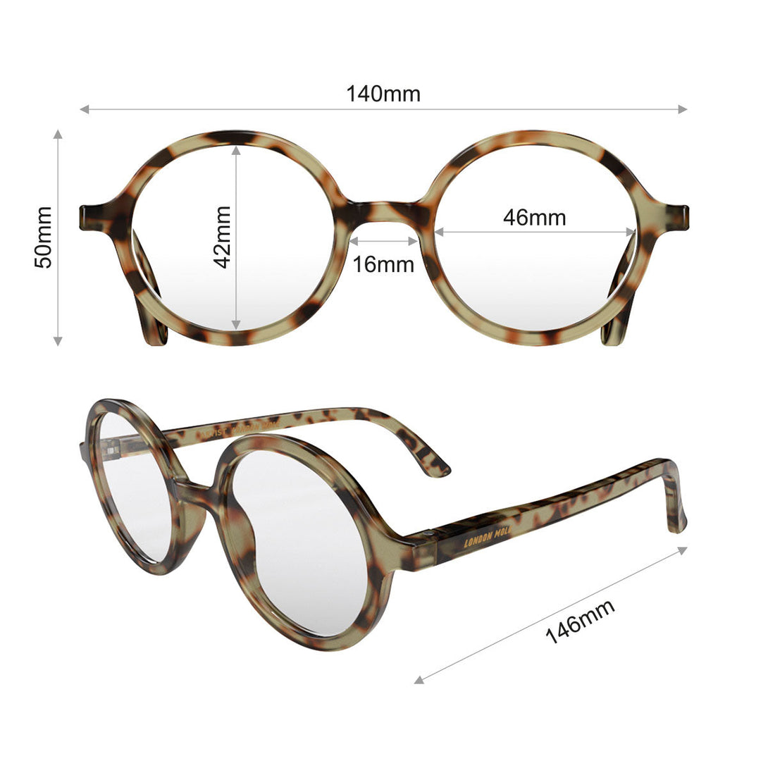 Dimensions - Artist Reading Glasses in pale tortoiseshell featuring an oversized circular frame and provide crystal clear vision. Available in a + 1, 1.5, 2, 2.5, 3 prescriptions.