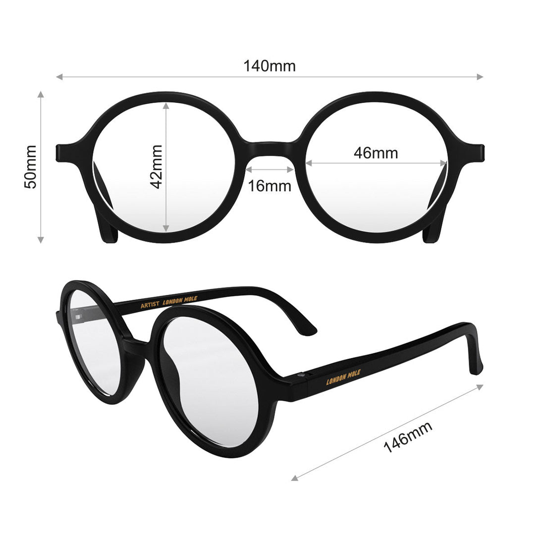 Dimensions - Artist Blue Blocker Glasses in matt black featuring an oversized circular frame and the ability to protect your eyes from artificial blue light. Ideal for fashion accessories, screen time, office work, gaming, scrolling on a mobile, and watching TV. 