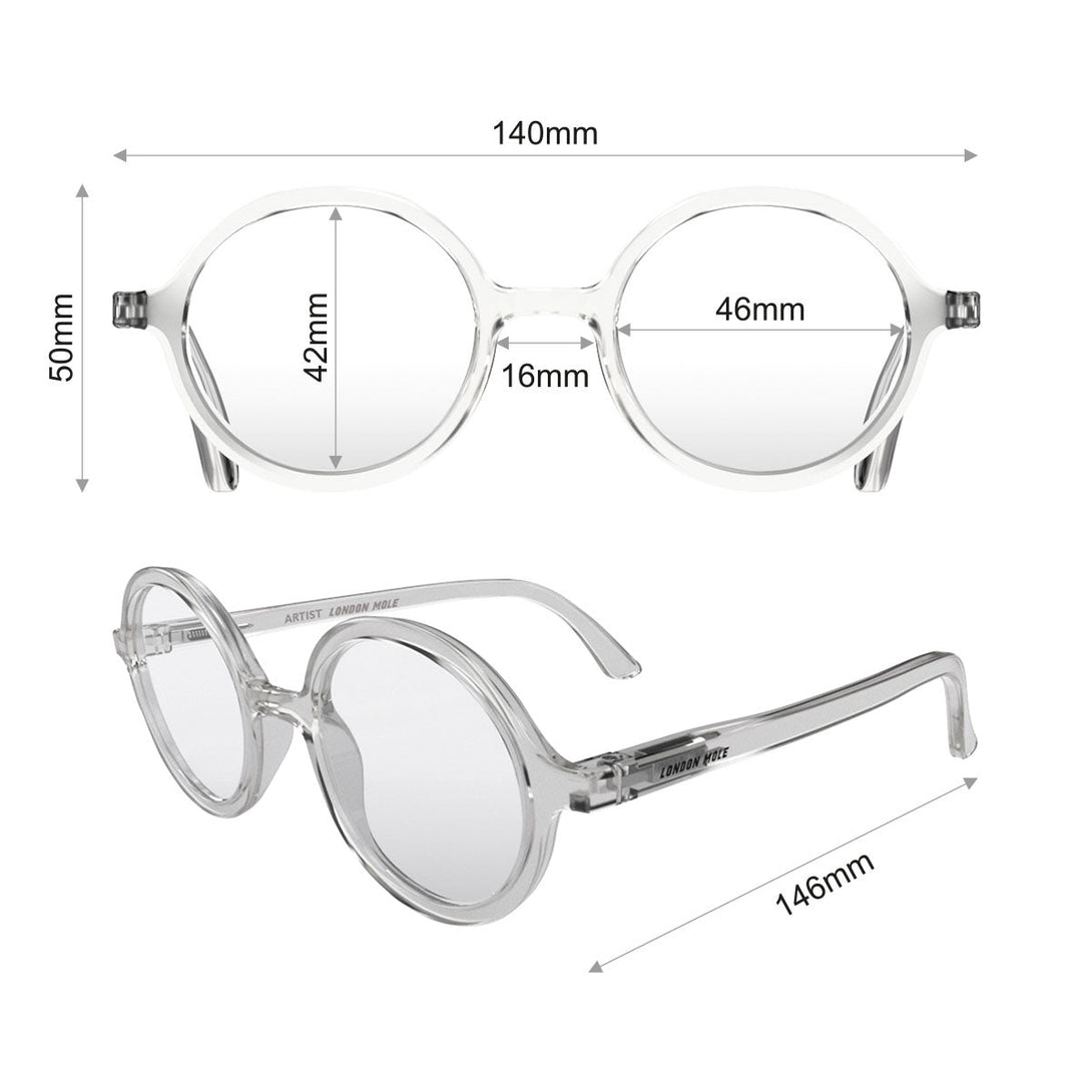 Dimensions - Artist Blue Blocker Glasses featuring an oversized circular transparent frame and the ability to protect your eyes from artificial blue light. Ideal for fashion accessories, screen time, office work, gaming, scrolling on a mobile, and watching TV. 