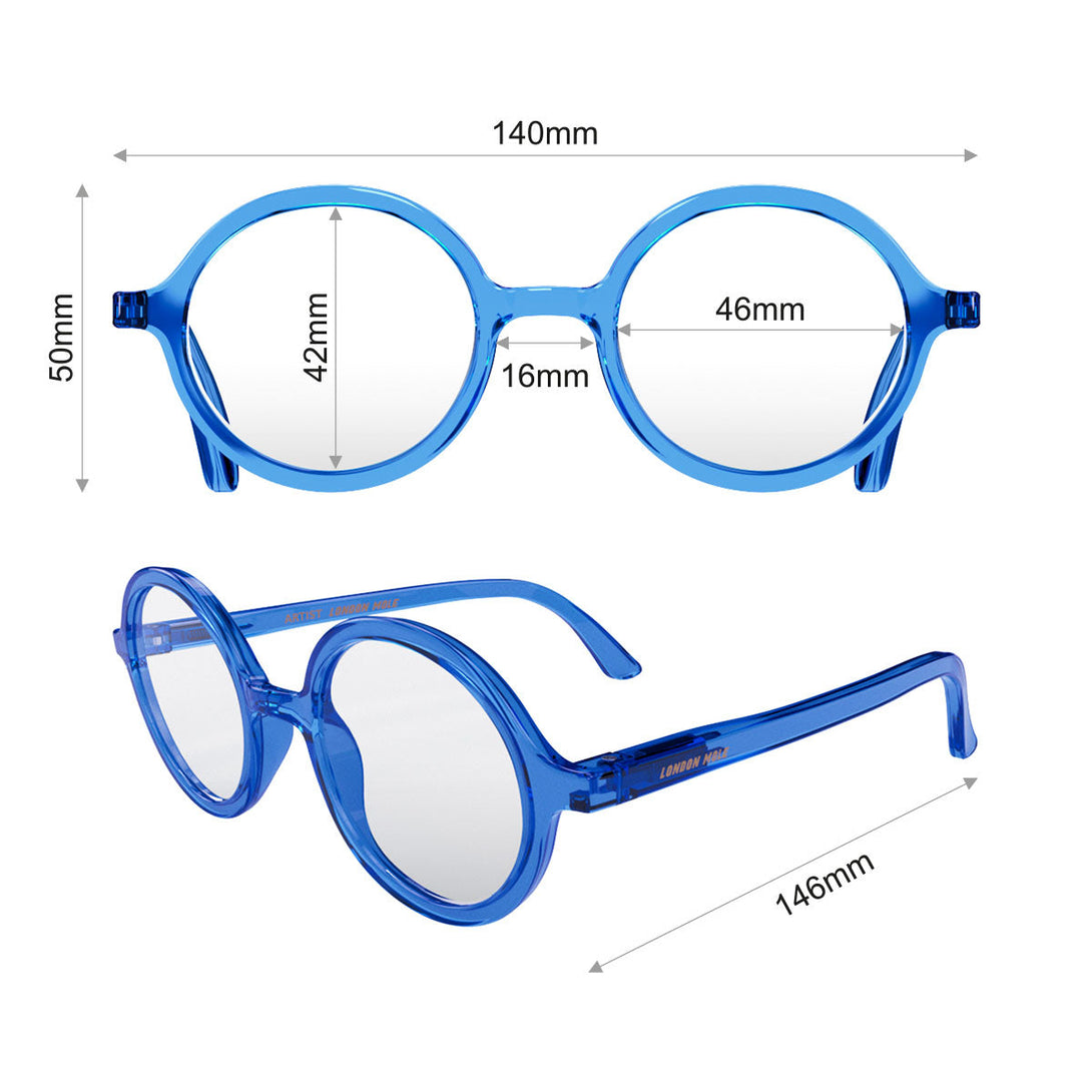 Dimensions - Artist Reading Glasses in transparent blue featuring an oversized circular frame and provide crystal clear vision. Available in a + 1, 1.5, 2, 2.5, 3 prescriptions.
