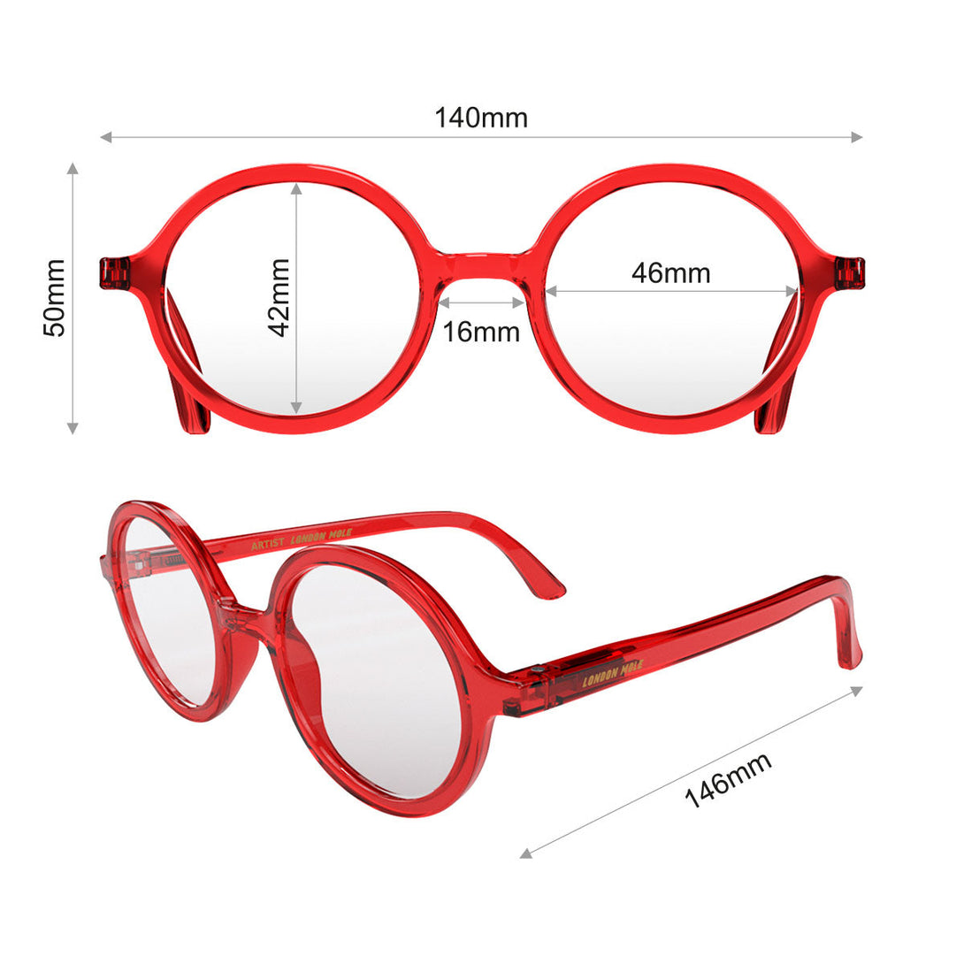 Dimensions - Artist Blue Blocker Glasses in transparent red featuring an oversized circular frame and the ability to protect your eyes from artificial blue light. Ideal for fashion accessories, screen time, office work, gaming, scrolling on a mobile, and watching TV. 