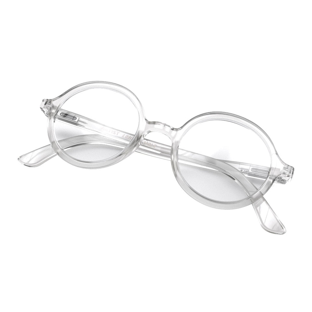 Skew - Artist Reading Glasses featuring an oversized circular transparent frame and provide crystal clear vision. Available in a + 1, 1.5, 2, 2.5, 3 prescriptions.