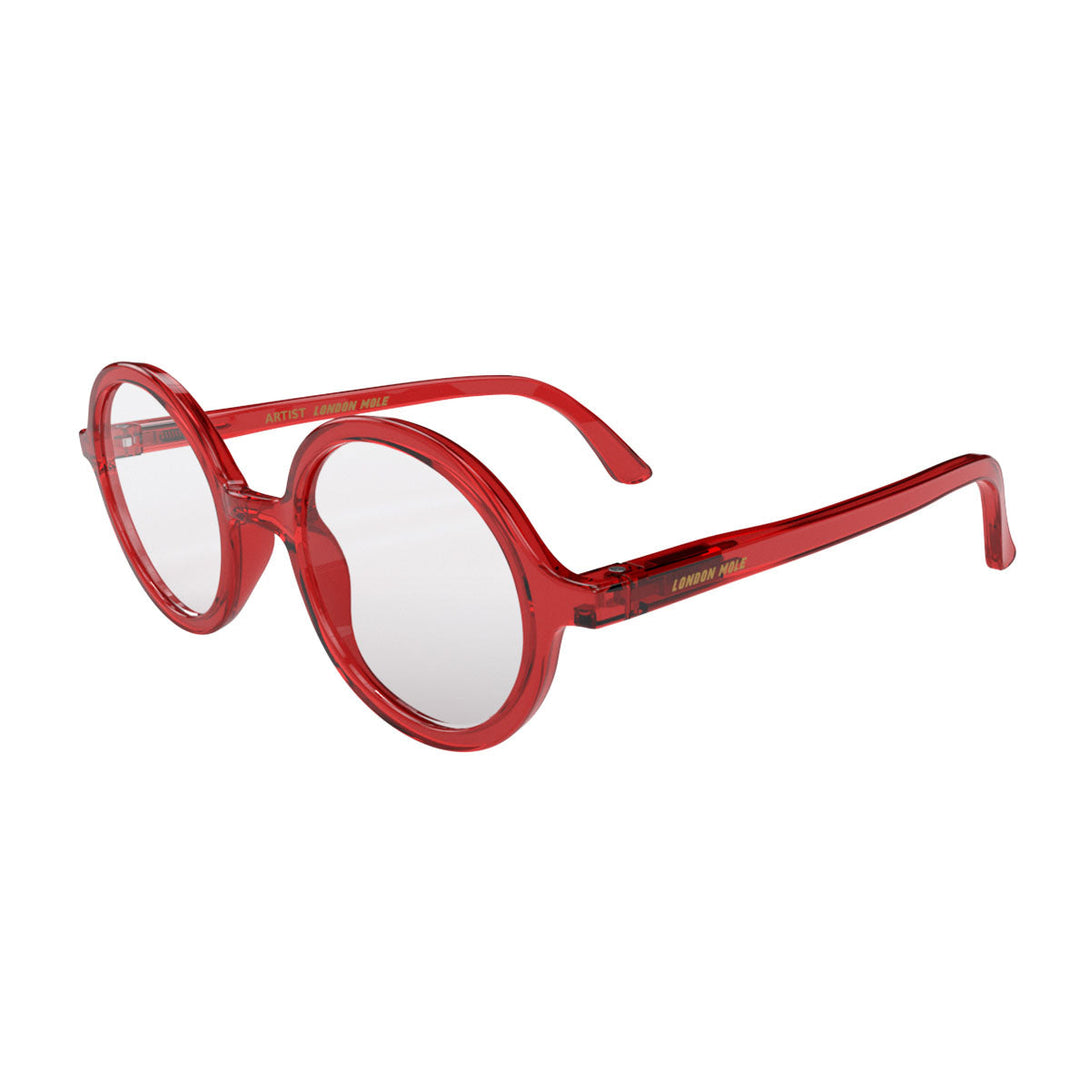 Skew - Artist Blue Blocker Glasses in transparent red featuring an oversized circular frame and the ability to protect your eyes from artificial blue light. Ideal for fashion accessories, screen time, office work, gaming, scrolling on a mobile, and watching TV. 