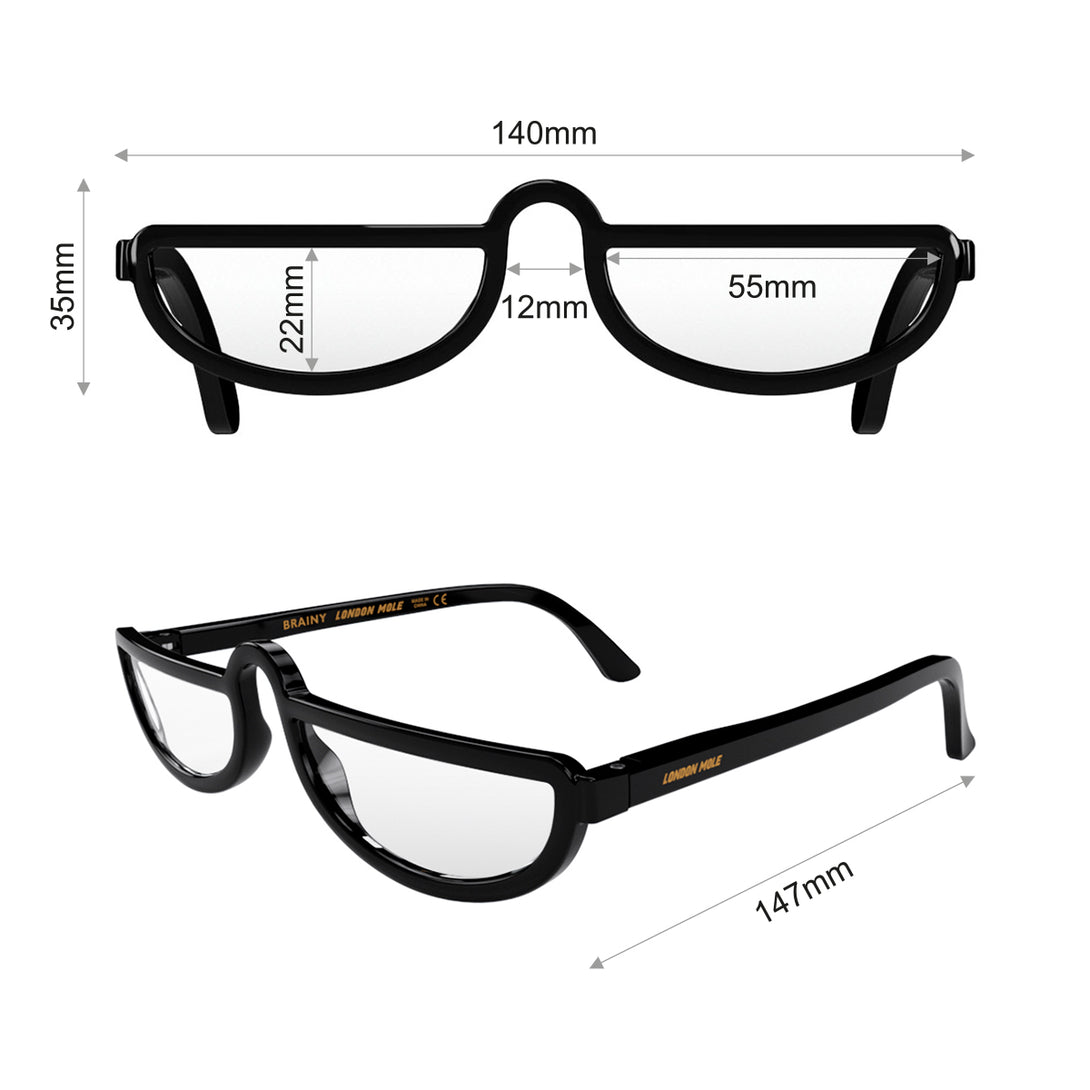 Dimensions - Brainy Blue Blocker Glasses in Gloss black featuring a half-moon frame and the ability to protect your eyes from artificial blue light. Ideal for fashion accessories, screen time, office work, gaming, scrolling on a mobile, and watching TV. 