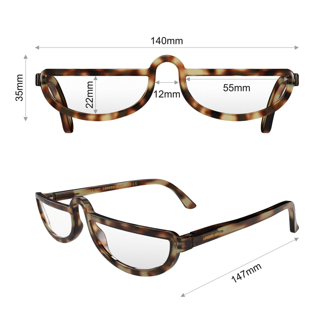 Dimension - Brainy Blue Blocker Glasses in pale tortoiseshell featuring a half-moon frame and the ability to protect your eyes from artificial blue light. Ideal for fashion accessories, screen time, office work, gaming, scrolling on a mobile, and watching TV.