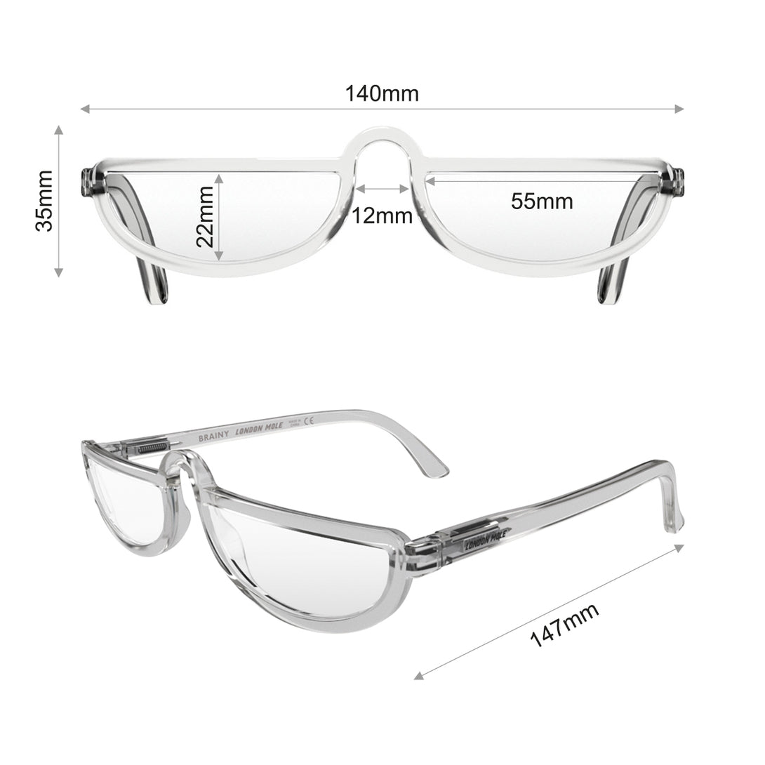 Dimensions - Brainy Reading Glasses featuring a transparent half-moon frame and provide crystal clear vision. Available in a + 1, 1.5, 2, 2.5, 3 prescriptions.