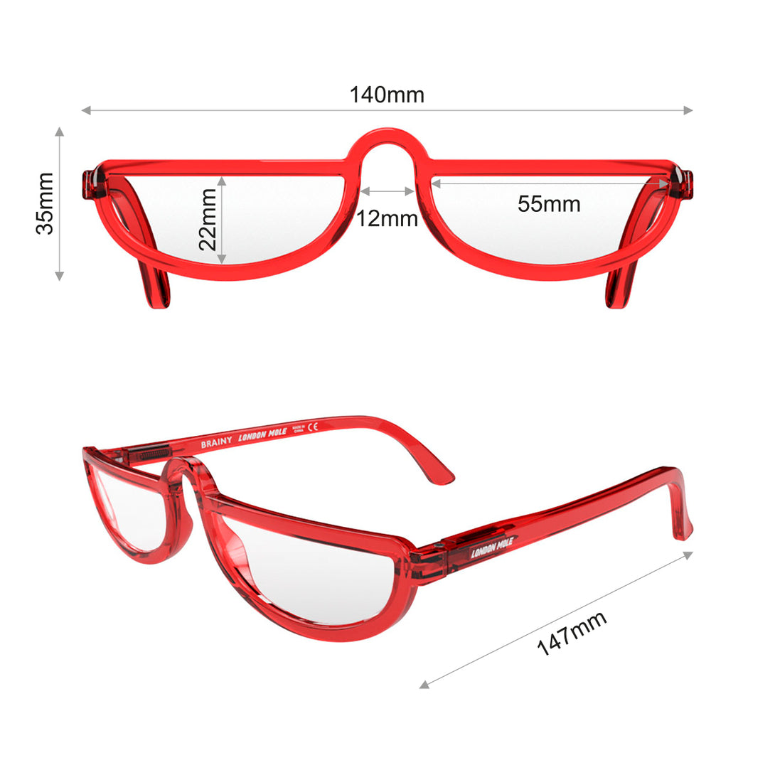 Dimension - Brainy Blue Blocker Glasses in transparent red featuring a half-moon frame and the ability to protect your eyes from artificial blue light. Ideal for fashion accessories, screen time, office work, gaming, scrolling on a mobile, and watching TV. 