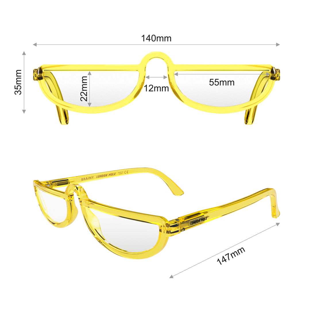 Dimension - Brainy Blue Blocker Glasses in transparent yellow featuring a half-moon frame and the ability to protect your eyes from artificial blue light. Ideal for fashion accessories, screen time, office work, gaming, scrolling on a mobile, and watching TV. 