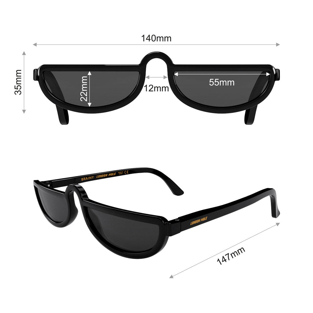 Dimensions - Brainy sunglasses ingloss black featuring a half-moon frame and black UV400 lenses. The finishing touch to every outfit while protecting your eyes. 