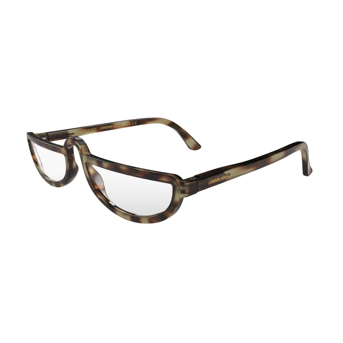 Open and skewed view of the London Mole Brainy Blue Blocker Glasses in Tortoise Shell