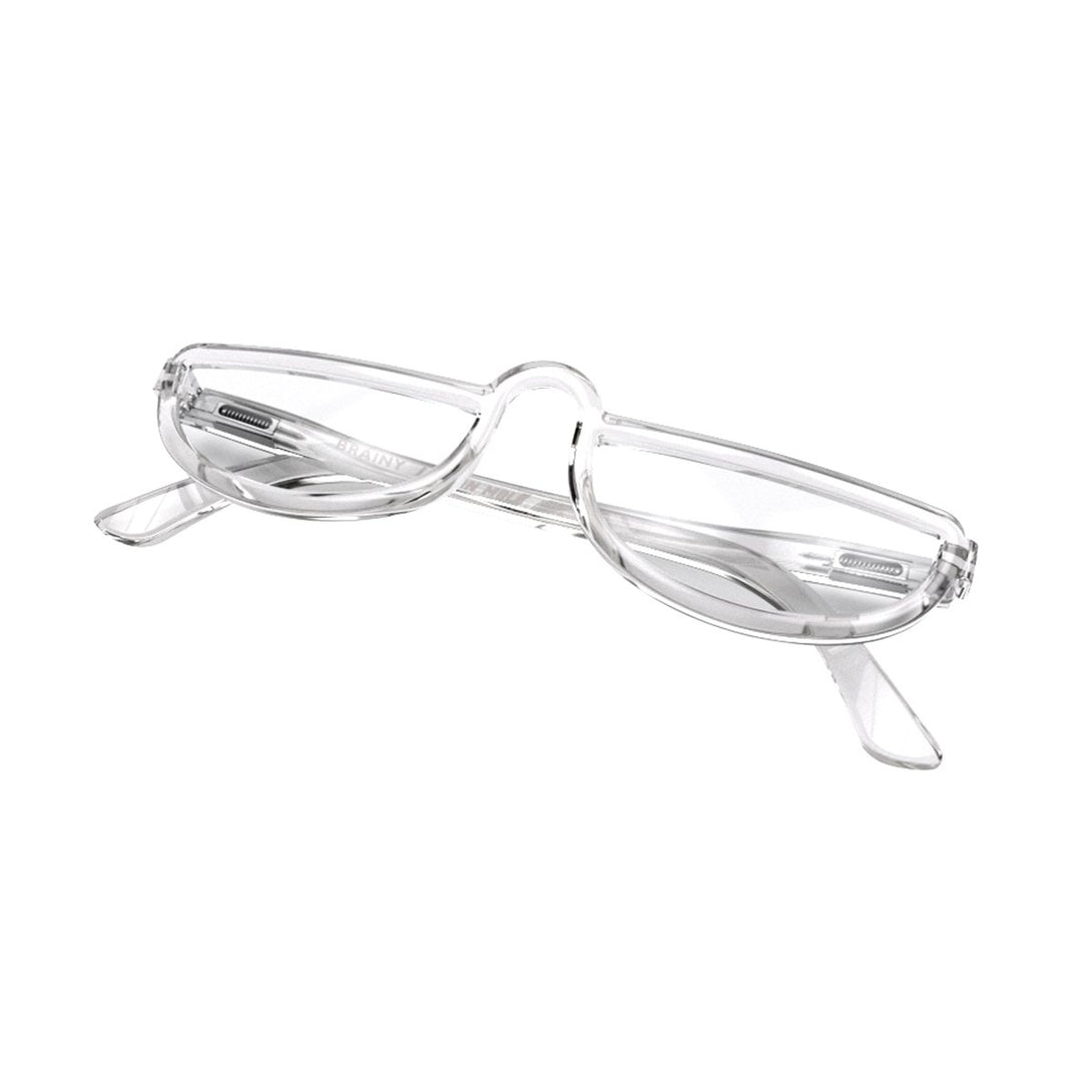 Closed skew - Brainy Reading Glasses featuring a transparent half-moon frame and provide crystal clear vision. Available in a + 1, 1.5, 2, 2.5, 3 prescriptions.