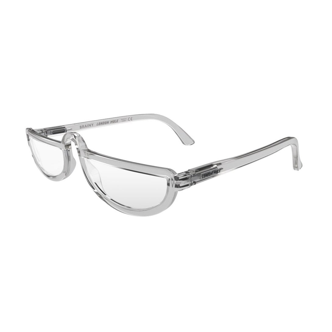 Open skew - Brainy Blue Blocker Glasses featuring a transparent  half-moon frame and the ability to protect your eyes from artificial blue light. Ideal for fashion accessories, screen time, office work, gaming, scrolling on a mobile, and watching TV. 