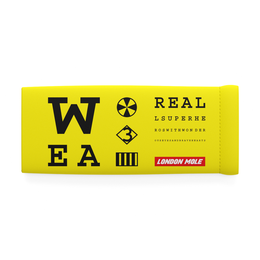 Eye Test glasses pouch Yellow with black eye test design – front on - LMP-TEST-Y
