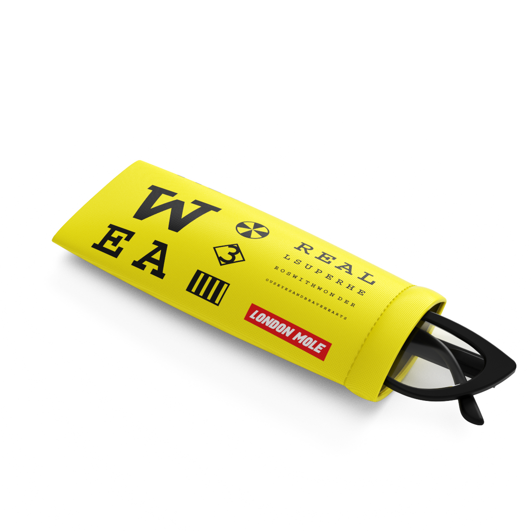Eye Test glasses pouch Yellow with black eye test design - skew with glasses in - LMP-TEST-Y