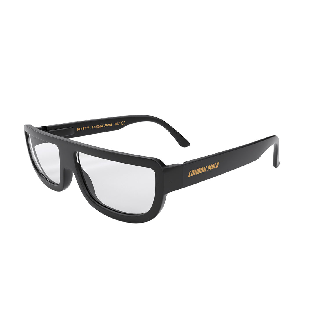 Open skew- Feisty Blue Blocker Glasses in matt black featuring a half-moon frame and the ability to protect your eyes from artificial blue light. Ideal for fashion accessories, screen time, office work, gaming, scrolling on a mobile, and watching TV. 