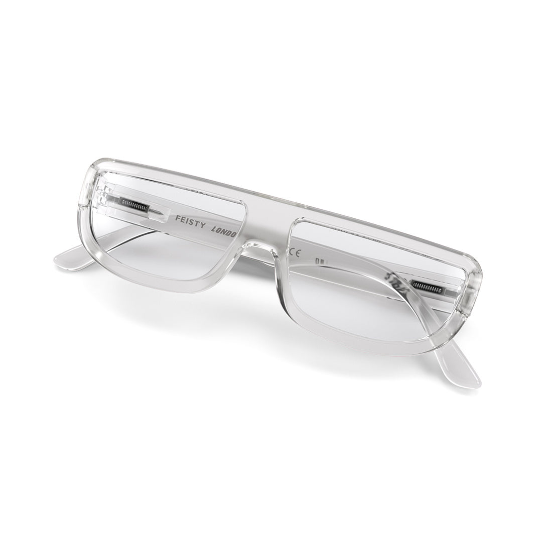 Closed pair of London Mole transparent Feisty reading glasses