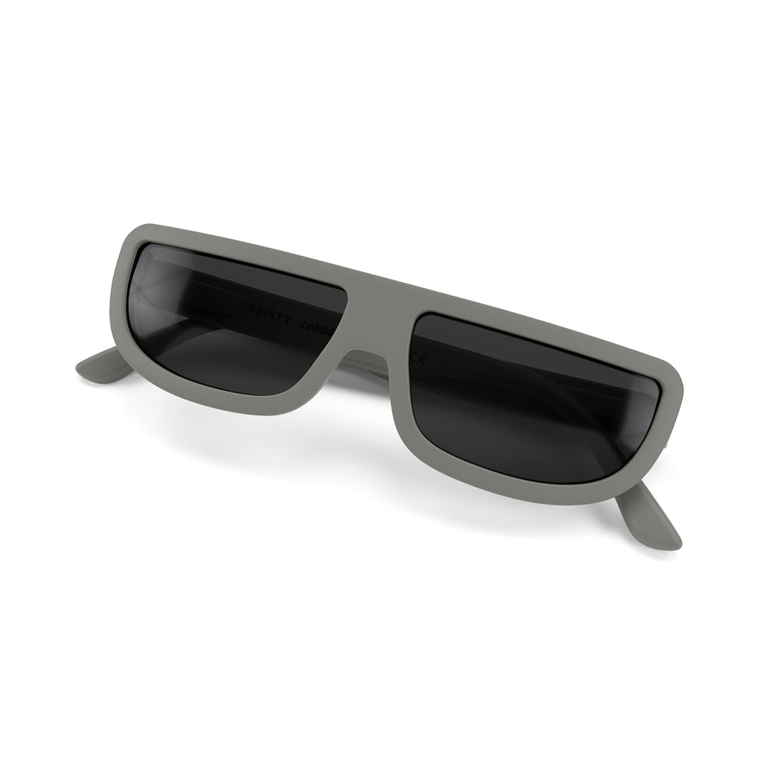 Side view of folded Feisty Sunglasses by London Mole with grey frames and Black Lens 