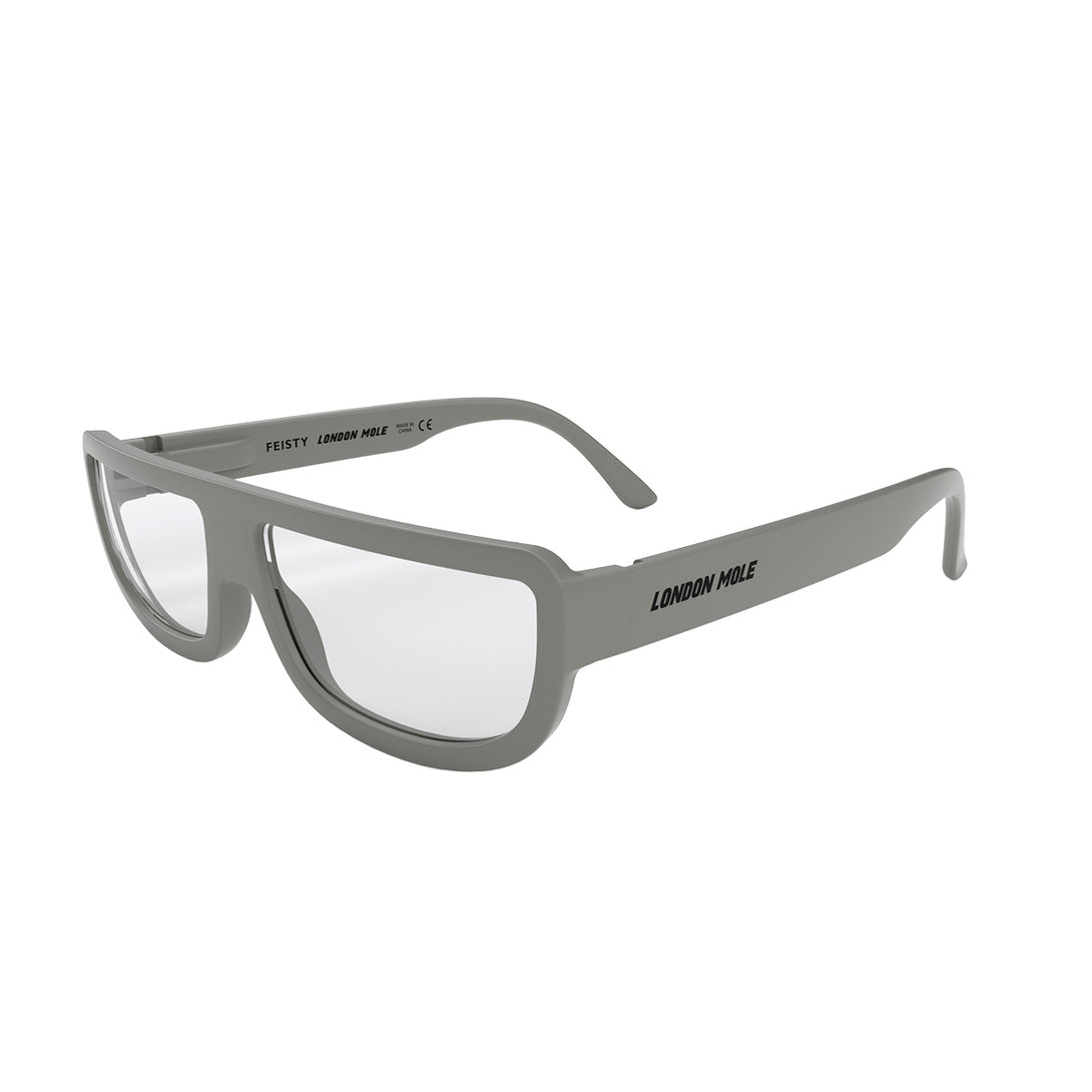 Open skew - Feisty Blue Blocker Glasses in matt grey featuring a half-moon frame and the ability to protect your eyes from artificial blue light. Ideal for fashion accessories, screen time, office work, gaming, scrolling on a mobile, and watching TV. 