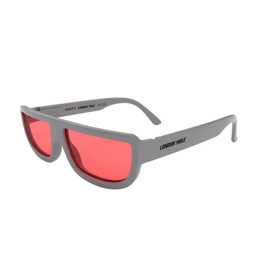Side view of Feisty Sunglasses by London Mole with Grey frames and Red Lenses