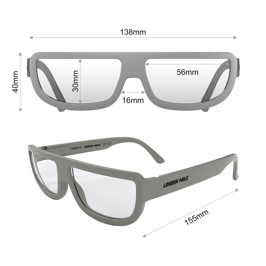 Dimensions - Brainy Blue Blocker Glasses in matt grey featuring a half-moon frame and the ability to protect your eyes from artificial blue light. Ideal for fashion accessories, screen time, office work, gaming, scrolling on a mobile, and watching TV. 