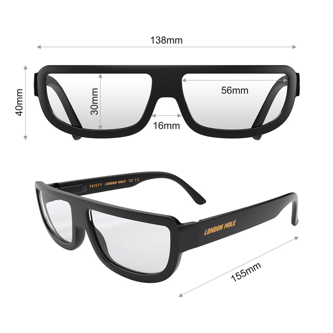 Dimension - Feisty Blue Blocker Glasses in matt black featuring a half-moon frame and the ability to protect your eyes from artificial blue light. Ideal for fashion accessories, screen time, office work, gaming, scrolling on a mobile, and watching TV. 