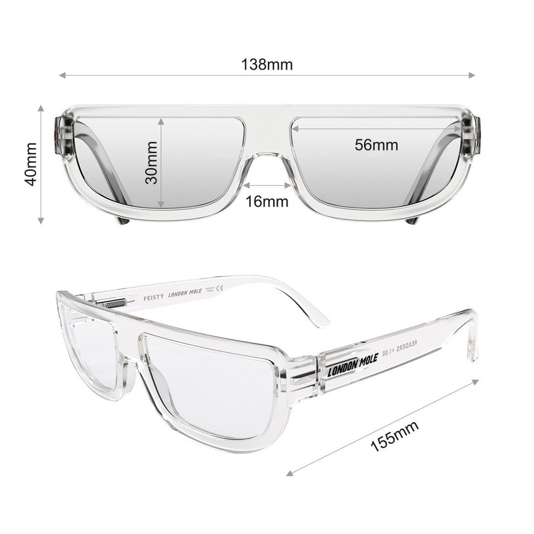 Dimension - Feisty Reading Glasses featuring a transparent utilitarian, straight top line frame and provide crystal clear vision. Available in a + 1, 1.5, 2, 2.5, 3 prescriptions.