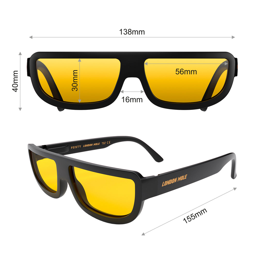 Dimension - Feisty sunglasses in matt black featuring a utilitarian, straight top line frame and yellow UV400 lenses. The finishing touch to every outfit while protecting your eyes. 