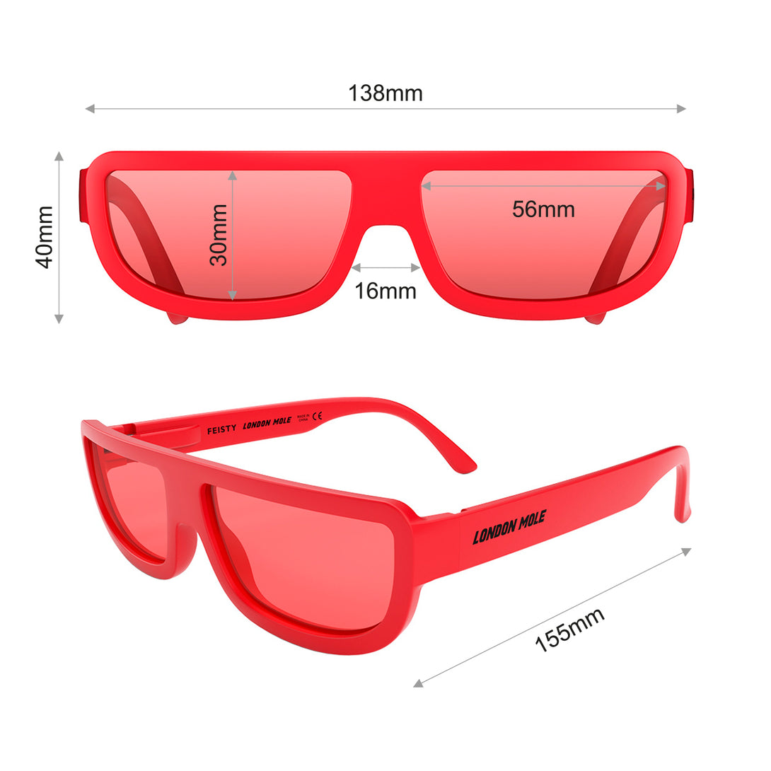 Dimension - Feisty sunglasses in matt red featuring a utilitarian, straight top line frame and red UV400 lenses. The finishing touch to every outfit while protecting your eyes. 