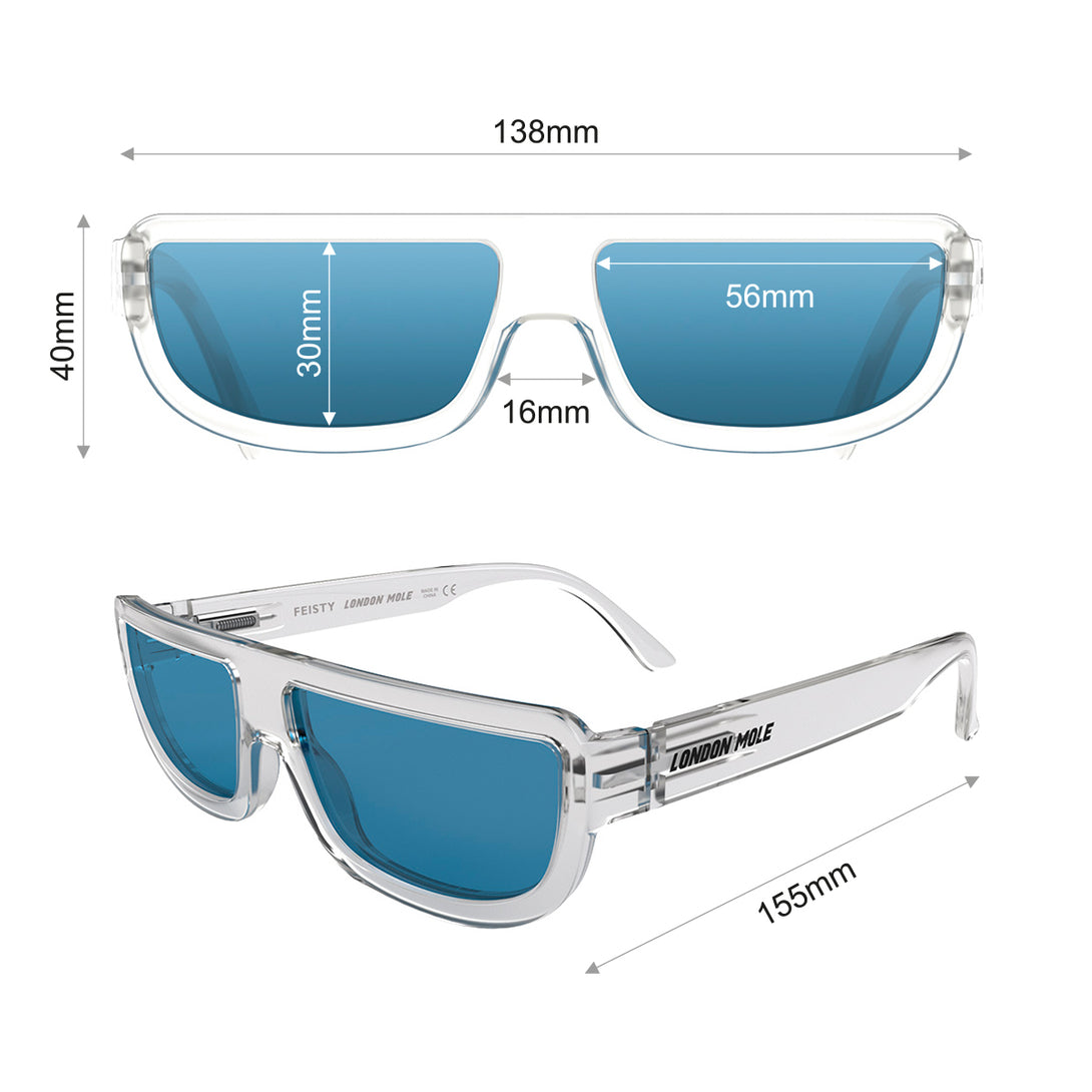Dimension - Feisty sunglasses in transparent featuring a utilitarian, straight top line frame and blue UV400 lenses. The finishing touch to every outfit while protecting your eyes. 