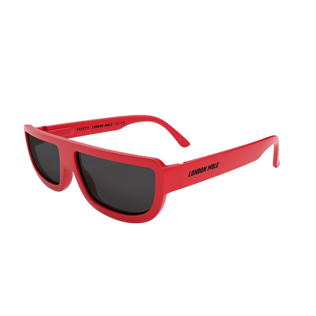 Side view of Feisty Sunglasses by London Mole with Red frames and Black Lens